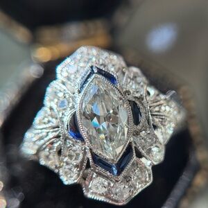 1.42 ctw Art Deco Marquise Diamond Sapphire Platinum Antique Engagement Ring
